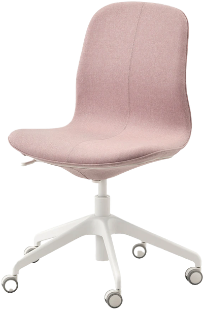 Blush pink swivel desk chair on a white wheeled base.