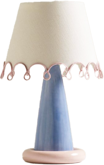 Table lamp with a blue tapered base, pink foot and scalloped cream shade.