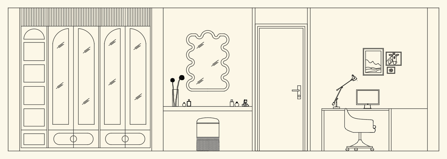 Interior elevation with a tall wardrobe, display niches, irregular vanity mirror, door and compact desk.
