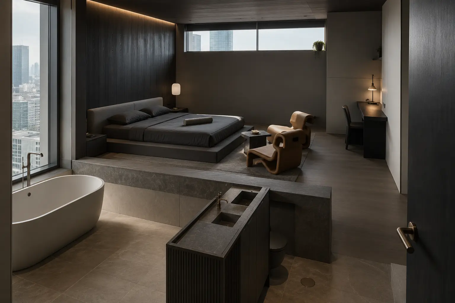 Concept visualization of a dark bachelor suite with a low platform bed, two sculptural lounge chairs, work desk, low divider, freestanding bath and city glazing.