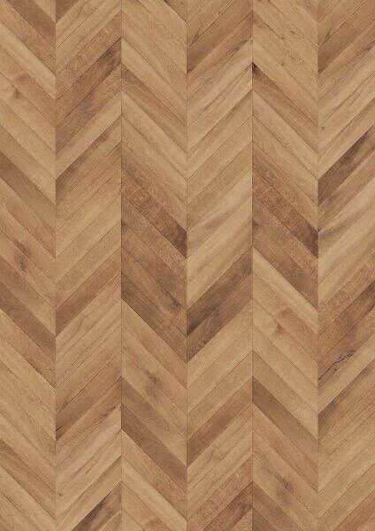 Warm medium-tone herringbone wood flooring sample.