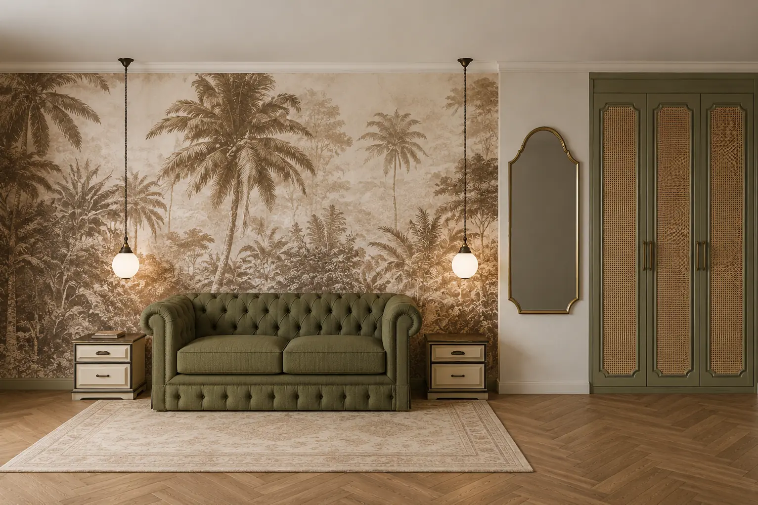 Concept visualization of the guest room’s garden wall with an olive tufted sofa, sepia botanical mural, two pendant lights, bedside tables, mirror and cane-front wardrobe.