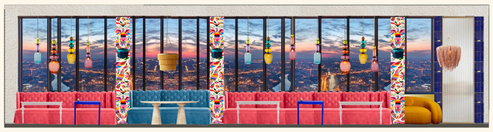 Interior elevation with skyline windows, pink and blue seating, patterned columns and colourful pendant lights.