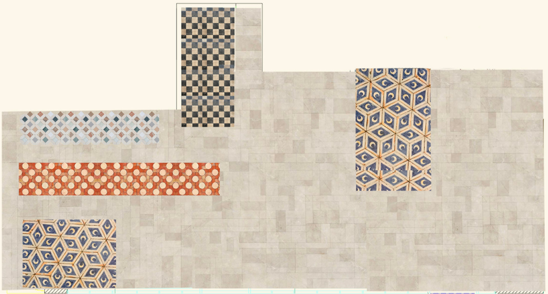 Rendered floor-finish plan with neutral field tile and colourful geometric inlays.