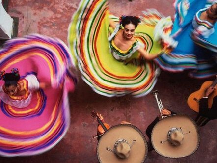 Overhead view of dancers in colourful skirts beside musicians, used as a cultural and movement reference.