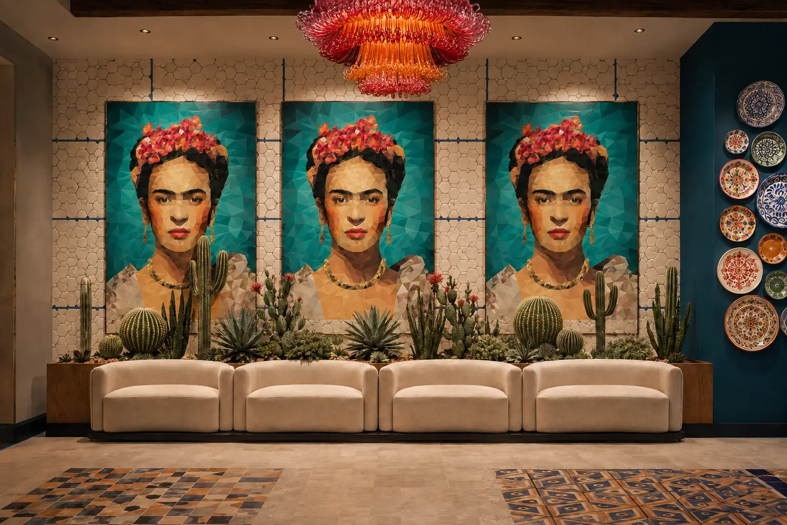 Concept visualization of Luna Y Sol’s feature wall with three portrait panels, cactus planting, pale lounge seating, patterned floor insets and a colourful glass chandelier.