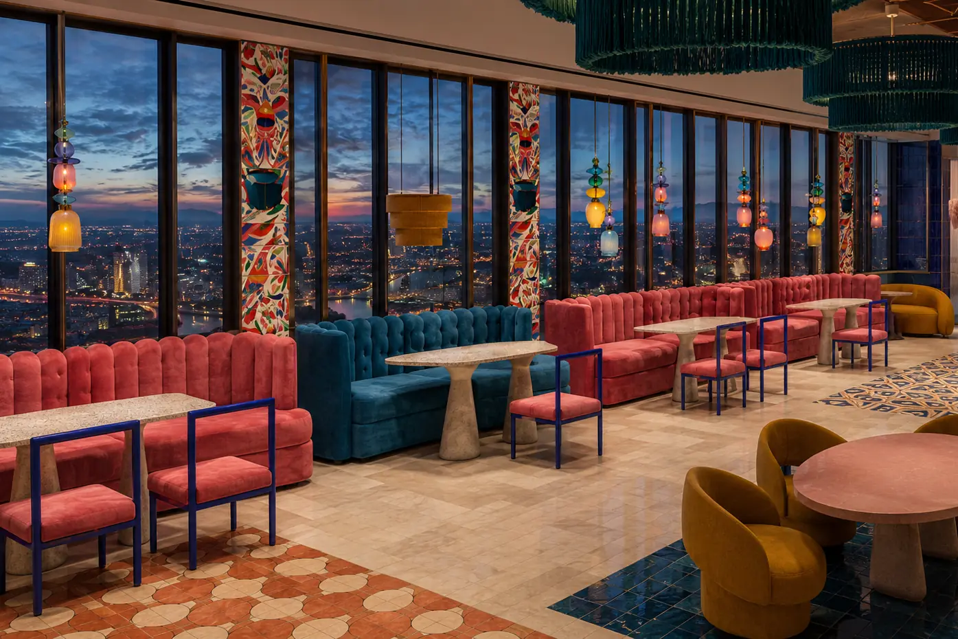 Concept visualization of Luna Y Sol’s skyline dining area with coral and teal banquettes, patterned floor insets and pendant lights beside floor-to-ceiling glazing.