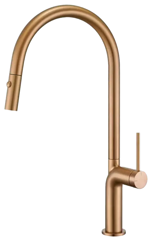 Brushed brass high-arc kitchen faucet.