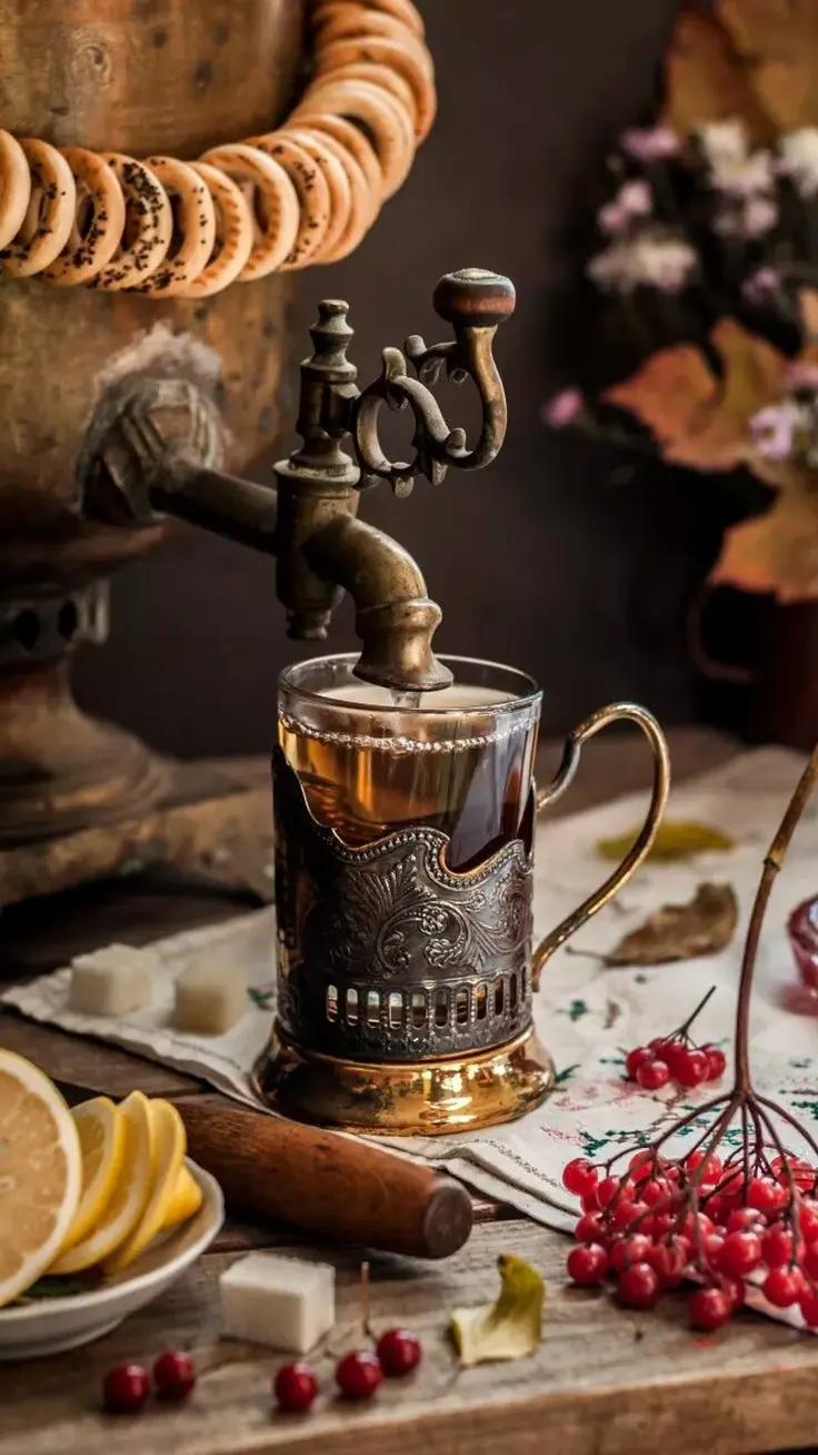 Still-life reference of Persian tea, fruit and bread in warm low light.