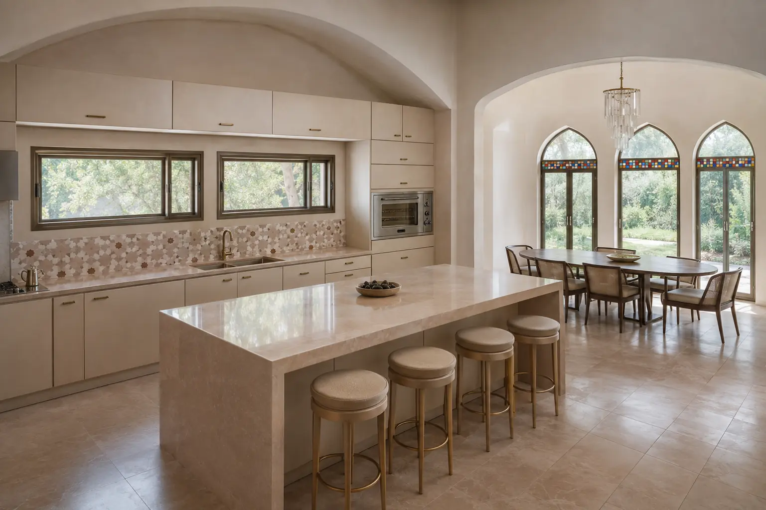 Concept visualization of a pale Persian-inspired kitchen with a four-seat stone island, long cabinet wall, oval dining table and three pointed garden openings.