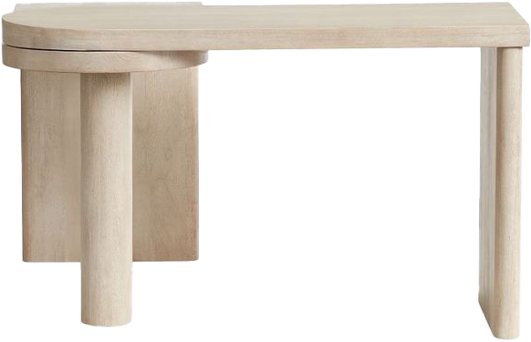 Pale wood desk with a sculptural asymmetrical pedestal base.