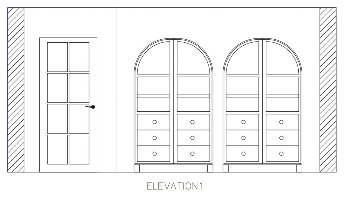 Interior elevation showing a panelled door and two symmetrical arched storage cabinets.